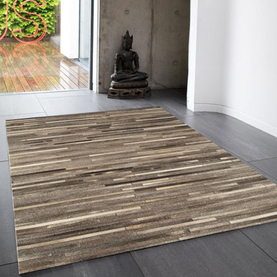 Grey Handmade , Luxurious , Modern , Cowhide Wasy To Clean Leather Striped Rug For Living Room, Bedroom - 120Cm X 170Cm - image 1