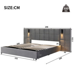 Abrihome 5Ft Grey Velvet Hydraulic Storage Bed - King Size Upholstered Bed With Directional Lamp, Usb Charging & Wide Headboard (150X200Cm) - thumbnail 6