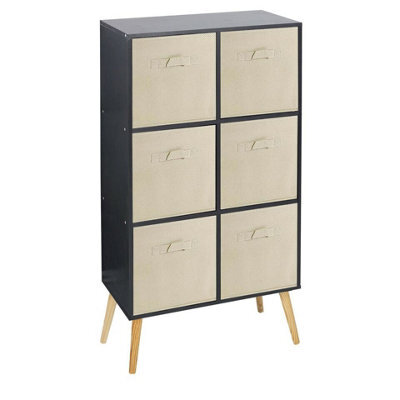 Urbn-Living Urbnliving 91Cm Height 6 Cube Black Wooden Bookcase With Pine Legs Living Room Beige Shelf Storage Drawers - image 1