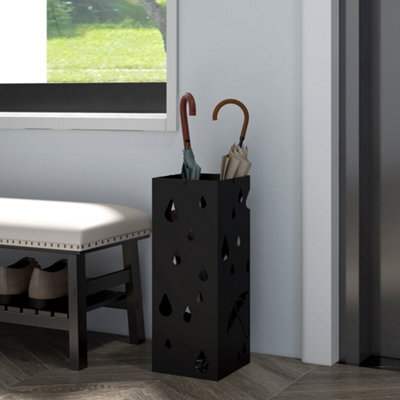 Homcom Metal Umbrella Stand, Square Umbrella Basket With 4 Hooks Drip Tray Black - image 1