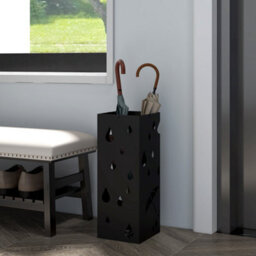 Homcom Metal Umbrella Stand, Square Umbrella Basket With 4 Hooks Drip Tray Black - thumbnail 1