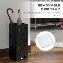 Homcom Metal Umbrella Stand, Square Umbrella Basket With 4 Hooks Drip Tray Black - thumbnail 5