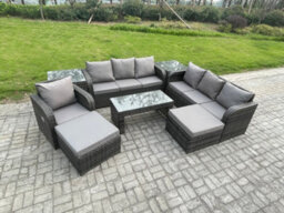 Fimous Outdoor Lounge Sofa Set 9 Seater Rattan Garden Furniture Set With Rectangular Coffee Table 3 Seater Sofa 2 Side Tables - thumbnail 2