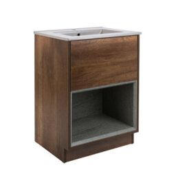 Homestylestore Dark Oak 612mm Bathroom Vanity Unit Open Shelf And Pebble Basin