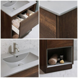 Homestylestore Dark Oak 612mm Bathroom Vanity Unit Open Shelf And Pebble Basin - thumbnail 3
