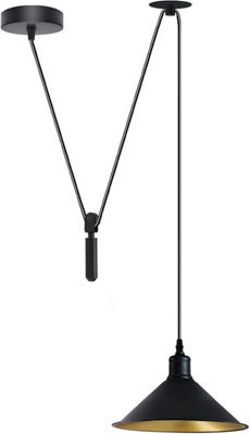 Modern Farmhouse Pendant Light Black Pulley System Lamp With Gold Inner Cone Shade - image 1