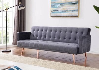 Comfy Living Plush Velvet Sofa Bed In Grey With Gold Metal Legs