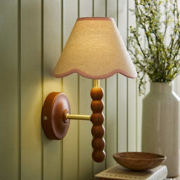Valuelights Bobbin Walnut Bobble Wall Light And Pink Trim Linen Lamp Shade