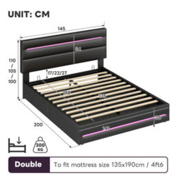 Matteo Black 4Ft6 Double Ottoman Bed Frame With Hydraulic Storage, Led Lights & Usb/type-C Charging Headboard - thumbnail 9