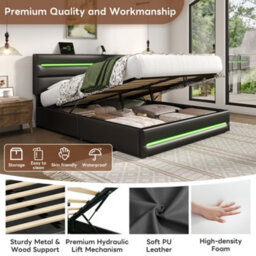 Matteo Black 4Ft6 Double Ottoman Bed Frame With Hydraulic Storage, Led Lights & Usb/type-C Charging Headboard - thumbnail 8