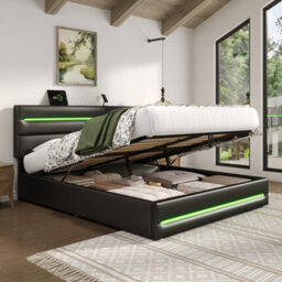 Matteo Black 4Ft6 Double Ottoman Bed Frame With Hydraulic Storage, Led Lights & Usb/type-C Charging Headboard - thumbnail 3