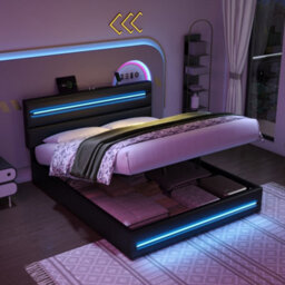 Matteo Black 4Ft6 Double Ottoman Bed Frame With Hydraulic Storage, Led Lights & Usb/type-C Charging Headboard - thumbnail 2