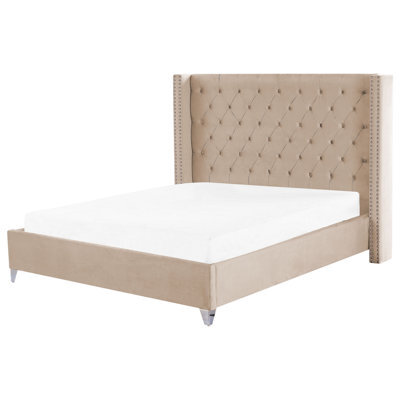 Beliani Bed Velvet Lubbon 180 X 200 Cm (Eu Super King) Beige - image 1