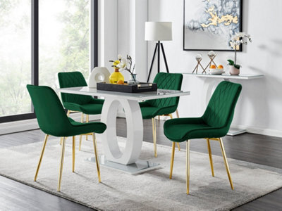 Furniturebox Giovani Rectangular 4 Seat White High Gloss Unique Halo Base Dining Table Grey Glass Top 4 Blue Velvet Gold Leg Pesaro Chairs - image 1