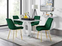 Furniturebox Giovani Rectangular 4 Seat White High Gloss Unique Halo Base Dining Table Grey Glass Top 4 Blue Velvet Gold Leg Pesaro Chairs