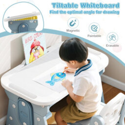 Gainoom Kids Blue Table And Chair Set Height Adjustable Toddler Drawing Table With Tiltable Whiteboard - thumbnail 6