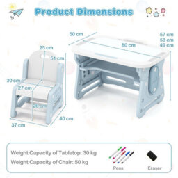 Gainoom Kids Blue Table And Chair Set Height Adjustable Toddler Drawing Table With Tiltable Whiteboard - thumbnail 2