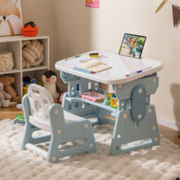 Gainoom Kids Blue Table And Chair Set Height Adjustable Toddler Drawing Table With Tiltable Whiteboard