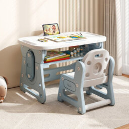 Gainoom Kids Blue Table And Chair Set Height Adjustable Toddler Drawing Table With Tiltable Whiteboard - thumbnail 3