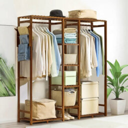 Thehotsale Brown Wooden Clothes Rack With Side Hooks And 6 Shelves