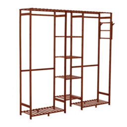Thehotsale Brown Wooden Clothes Rack With Side Hooks And 6 Shelves - thumbnail 4