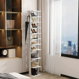 Living And Home 10 Tiers White Vertical Household Space Saving Shoe Rack Shoe Storage Shelf Unit With Side Hooks - thumbnail 2