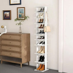 Living And Home 10 Tiers White Vertical Household Space Saving Shoe Rack Shoe Storage Shelf Unit With Side Hooks - thumbnail 1