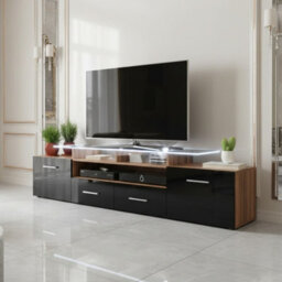 Evora 194Cm Modern Tv Unit Plum Black High Gloss Media Cabinet With Sleek Contemporary Design