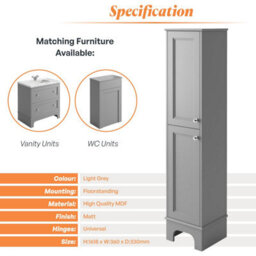 Plum&clay Beckett Light Grey Floor Standing Bathroom Tall Storage Unit (H)1618mm (W)360mm - thumbnail 5
