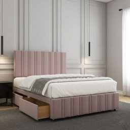 REGIONAL FURNISHINGS Divan Bed Set Pink Plush Velvet Upholstered 24Inch Headboard & Footboard & Mattress No Drawers In 3Ft 4Ft 4Ft6 5Ft 6Ft Sizes
