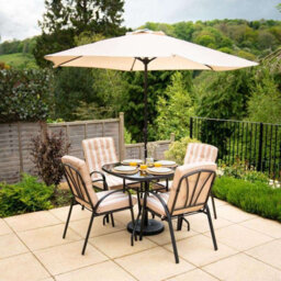 Primrose 4 Seater Garden Furniture Dining Set With Reversible Cushions And Crank Parasol In Beige - thumbnail 1