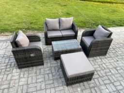 Fimous 5 Pc Outdoor Pe Rattan Garden Furniture Set Wicker Love Sofa Coffee Table 2 Armchair Big Footstool Dark Grey Mixed - thumbnail 2