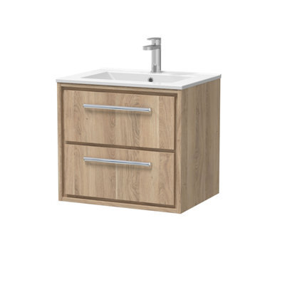 Hudson Reed Lille Wall Hung Two Drawer Contemporary Vanity Unit With 1 Tap Hole Basin In Bleached Oak, 610 X 460mm - image 1