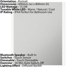 Led Bathroom Mirror With Bluetooth Speaker - 600mm X 800mm, Ip44, Demister, Tunable White - thumbnail 3