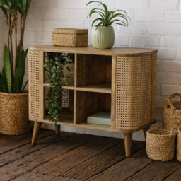 Wyld Haus Molveno Open Double Cabinet In Mango Wood With Natural Rattan Accents - thumbnail 1
