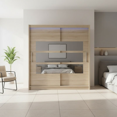 Bega Iii 180 Cm Sliding Door Wardrobe With Mirror Shelving And Hanging Rail Storage Sonoma With Led Lights - image 1