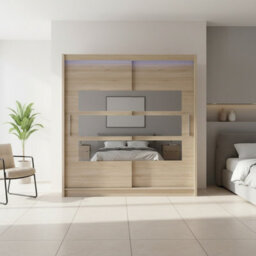 Bega Iii 180 Cm Sliding Door Wardrobe With Mirror Shelving And Hanging Rail Storage Sonoma With Led Lights - thumbnail 1