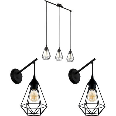 Modern Black Wire Cage Ceiling Spot Light With 2 Matching Wall Sconces - image 1