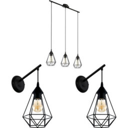 Modern Black Wire Cage Ceiling Spot Light With 2 Matching Wall Sconces
