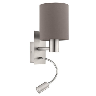 Satin Nickel Wall Light With Anthracite Brown Fabric Shade - Led Bulb Compatible - image 1