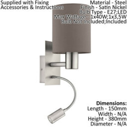 Satin Nickel Wall Light With Anthracite Brown Fabric Shade - Led Bulb Compatible - thumbnail 2