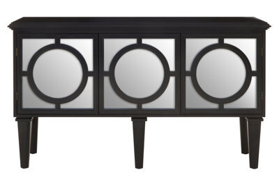 Orsina Black Finish Sideboard, Black Wooden Cabinet Featuring Circular Lattice Overlay Convex Mirrors - image 1