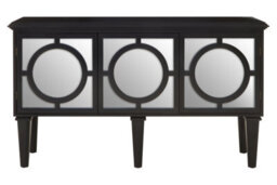 Orsina Black Finish Sideboard, Black Wooden Cabinet Featuring Circular Lattice Overlay Convex Mirrors - thumbnail 1