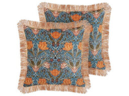 Beliani Set Of 2 Decorative Cushions Mitella Velvet 45 X 45 Cm Blue Floral Pattern