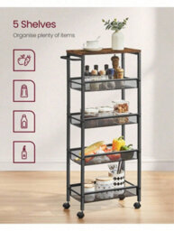Songmics 5-Shelf Trolley, Space-Saving Kitchen Cart With Castors,steel Frame, Handle,trolley For Small Spacesrustic Brown And Black - thumbnail 4