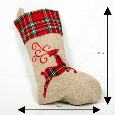 Shatchi Large Xmas Stocking Printed Pattern Burlap Hessian Linen Sack Sock Hanging Bags Home Decorations-Reindeer - image 1