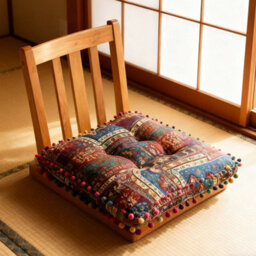 Living And Home Blue Square Faux Linen Double-Sided Chair Cushion With Pom-Pom Tim, 40Cm (W) X 40Cm (D) X 8Cm (H) - thumbnail 3