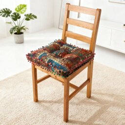Living And Home Blue Square Faux Linen Double-Sided Chair Cushion With Pom-Pom Tim, 40Cm (W) X 40Cm (D) X 8Cm (H) - thumbnail 2