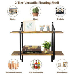 Living And Home 2-Tier  Pine Wood And Metal Rustic Floating Wall Shelf Black And Wood Finish For Bedroom Living Room Kitchen - thumbnail 4