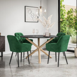 More4Homes Malvern Round Dining Table And Chairs -  Black Table Top W Solid Oak Legs + Anika Velvet Dining Chair Set Of 4 (Green) - thumbnail 1
